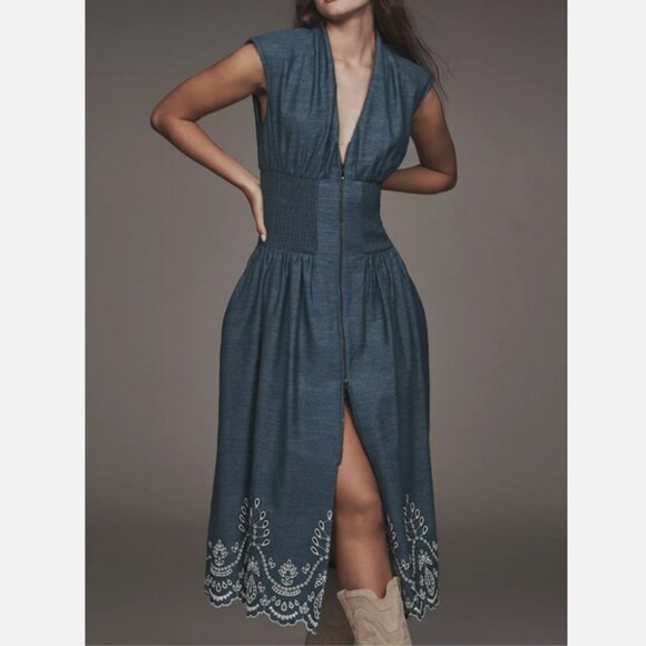 Anthropologie The Tommie Denim Chambray Zip Front Eyelet Trim Dress 2X NWT Blue - Picture 6 of 8